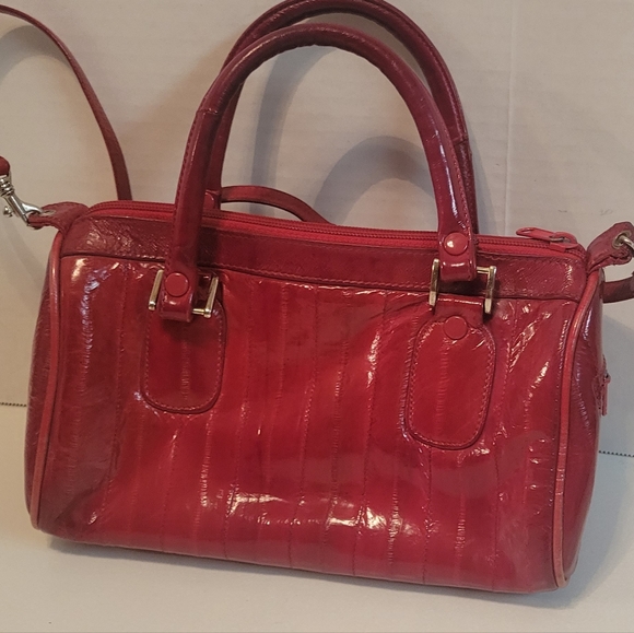 Genuine Eel Skin Small Duffel Bag Red Cherry - Picture 2 of 12